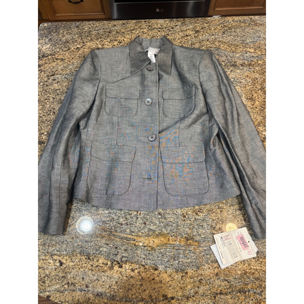 Liz Claiborne Collection Grey Linen Blend Utility Blazer Jacket Petite 10 NEW